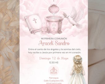 Invitación Comunión Niña Editable Canva, First Communion Invitation Template, Invitación Primera Comunión Digital, Plantilla Comunión
