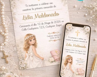 Invitación de Comunión  niña, editable en Canva. Plantilla de comunión para impresión y video, con tonos rosa estilo acuarela