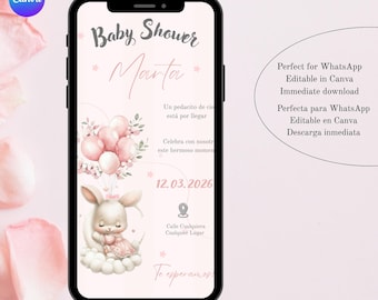 Invitación de Baby Shower niña, Plantilla editable digital Baby Shower con tonos rosa pastel.