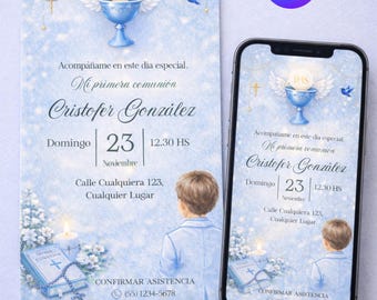 Invitación Comunión Niño Editable Canva, First Communion Invitation Template, Invitación Primera Comunión Digital, Plantilla Comunión