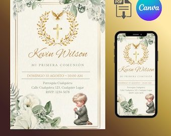 Invitación Comunión Niño Editable Canva, First Communion Invitation Template, Invitación Primera Comunión Digital, Plantilla Comunión