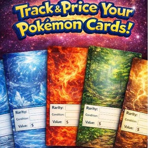 Puede incluir: Anuncio para rastrear y valorar cartas Pokémon. La imagen presenta varios diseños de cartas con fondos de fuego, hielo y bosque. Cada carta tiene campos para rareza, condición y valor, con el símbolo del dólar.