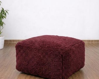 Handmade Moroccan Wool Rug Pouf Burgundy Solid Berber Ottoman for Nursery Modern Soft Floor Seat