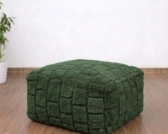 Berber Moroccan Wool Pouf Green Check Rug Floor Ottoman Bedroom Handmade Plush Soft Seating