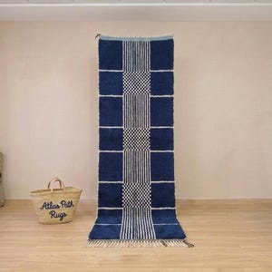 May include: A rectangular, navy blue rug with a geometric design. The rug features a central pattern of alternating white stripes and a checkered pattern, framed by navy blue squares. The rug is displayed on a wooden floor.