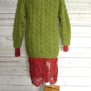Vintage Olive Green Chunky Cable Knit Oversized Mohair Turtleneck Cowl Sweater Pull Over 80s 90s  Med Hand Knitted Internationale Express