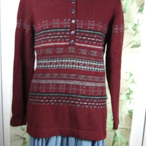 80% Lambs Wool Burgundy Ski Sweater Vintage Pull Over Deep Ruby Wine Red Woolrich 1/4 Button Front Long Sleeve Winter Cozy LG Natural Fiber