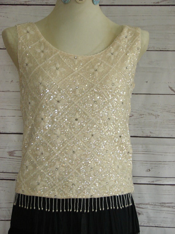 Cream Dream - Vintage Sequin Beaded Zip Back Tank… - image 1