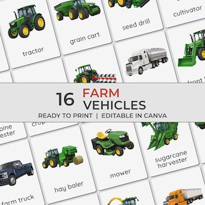 May include: A digital educational set featuring 16 farm vehicles with labels including tractor, grain cart, seed drill, cultivator, hay baler, mower, and sugarcane harvester. The graphic displays various agricultural machinery and lorries with the text 16 FARM VEHICLES READY TO PRINT | EDITABLE IN CANVA.