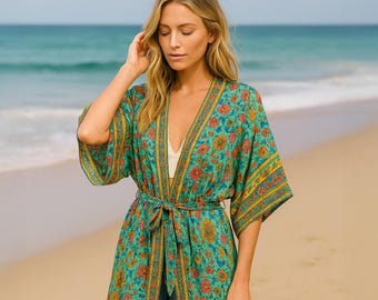 Floral Kimono Robe: Turquoise Boho Beach Cover-Up