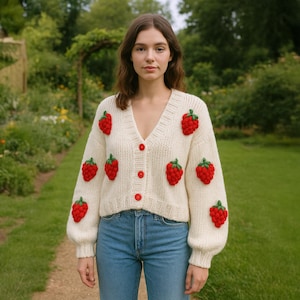 Peut inclure: Cardigan crème avec des appliqués de fraises rouges et des boutons rouges. Le pull a un col en V et des manches longues. La personne porte un jean bleu. L'arrière-plan est un jardin avec un feuillage vert.