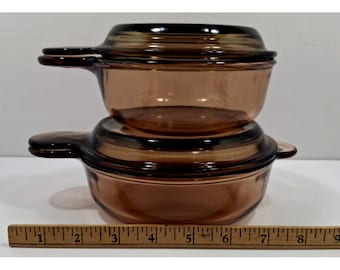 Set Of 2 Corning Ware Visions 1980's Amber Glass Grab-It Bowls With Lids