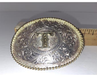 Hebilla de cinturón vintage "T" de Montana Silversmith, chapada en plata esterlina, estilo suroeste.