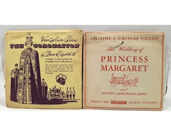 2 zabytkowe płyty Sawyer View Master Disc z angielskimi historycznymi okazjami z lat 1953 i 1960