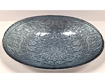 12" Turkish Glass Oval Blue Bowl With Silverish Bottom
