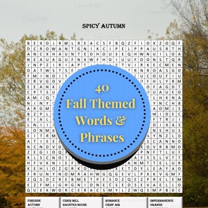 May include: A word search puzzle with a fall theme. A blue circle in the centre reads "40 Fall Themed Words & Phrases". Words include "autumn", "cider mill", and "pumpkin patch".