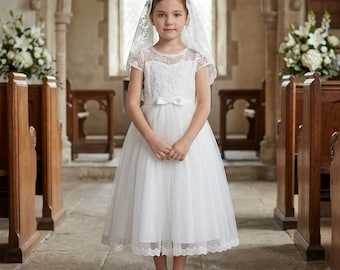 Vestido de Primera Comunión de encaje blanco con velo, vestido de niña de las flores de tul, espalda con botones de perlas, lazo de satén, vestido de Sagrada Comunión, para invitada de boda