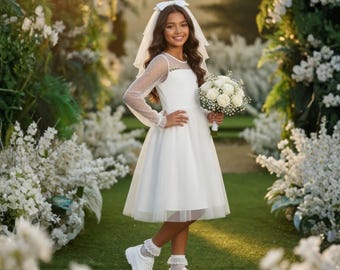 Girls Mesh Dress Long Sleeve High Low Birthday Party Formal Dress - Twirly Party Dress for Girls