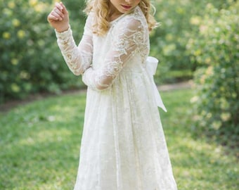 Ivory Lace Flower Girl Dress: Boho Rustic Long Sleeve Princess Gown