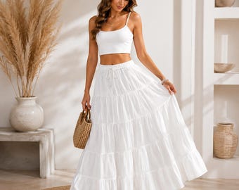 Women's White Boho Tiered Maxi Skirt – Flowy Flared Ruffle Elastic Waist Summer A-Line