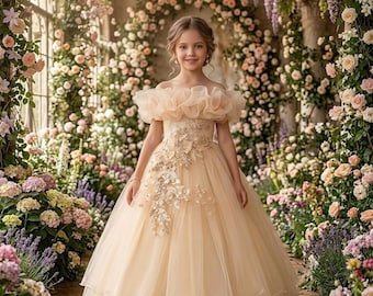 Vestido de daminha de honra em renda, com ombros à mostra, em tule, ideal para primeira comunhão, concursos de beleza, casamentos e ocasiões especiais. Perfeito para crianças em eventos formais e festas de gala.