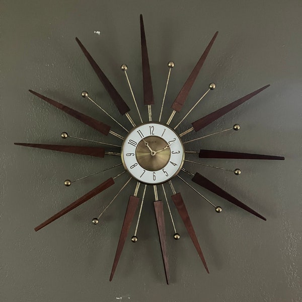Vintage Mid Century Modern Elgin Atomic Starburst Sunbeam Wall Clock - 30" Wooden with Brass MCM VTG RARE find.