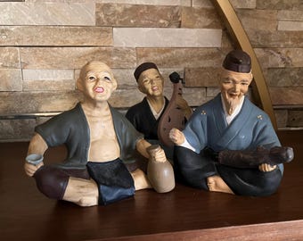 Rare Antique Japanese Hakata Urasaki Clay Doll Figurines - Collectible Japan - Set of 3 - 1950’s - VTG