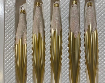 Vintage UKRAM inc. Christmas Ornaments - Gold Fluted Glass Teardrop - Made in Ukraine - Gold with sparkles - European Christmas decor - Box