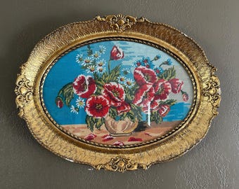Vintage Wiehler Gobelin 'Wildflowers' poppies - Framed Needlepoint Tapestry XL, Handcrafted Floral Wall Art -MCM Vintage framed fiber art