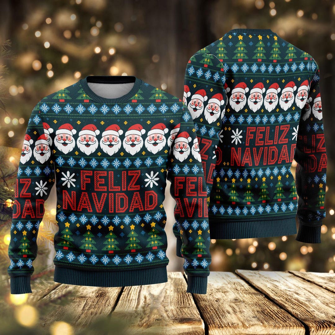 Feliz Navidad Santa Ugly Christmas Sweater, Festive Santa Pattern Xmas ...