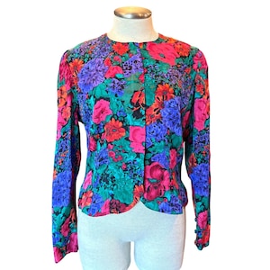 Veste florale Adrianna Papell violet sarcelle rose vert soie vintage taille 12 image 1