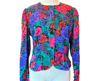 Adrianna Papell Floral Jacket Purple Teal Pink Green Silk Vintage Size 12