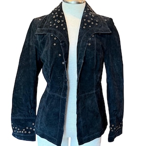 Pamela McCoy Couture Suede Leather Jacket Studded Collar Fitted Blazer XS
