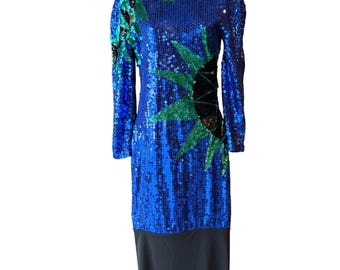 Nadine Boutique Hand Beaded Sequin Dress Small Blue Vtg Party Costume Halloween