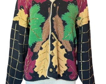 Belle Pointe VTG Cardigan Feuilles D'automne Pull Orné De Perles Couleurs D'automne L