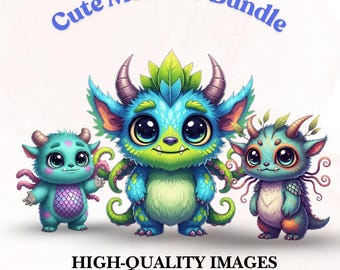 Paquete de imágenes prediseñadas de monstruos adorables / Ilustraciones digitales (Descarga digital)