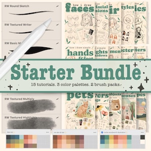 Può includere: Un pacchetto iniziale di arte digitale con 15 tutorial, 3 tavolozze di colori e 2 set di pennelli. L'immagine mostra uno stilo bianco, vari campioni di tratti di pennello etichettati RW e diverse guide didattiche per disegnare volti e animali.