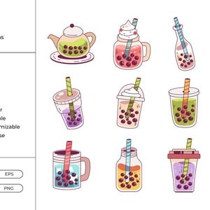 May include: A collection of 12 vector illustrations featuring various bubble tea drinks in cups, mugs, and a teapot, each containing dark tapioca pearls and colorful straws. The text reads 12 Items, Bobba Element, 100% Vector, Easy Editable, Easy Customizable, Ready to Use.
