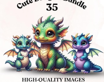 Imágenes prediseñadas de dragones adorables - Ilustraciones realistas (Descarga digital)