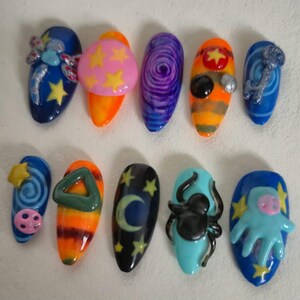 Coraline Press On Nails | Almond Shape | 3D Spider & Ghost Charms | Handmade Spooky Nail Set