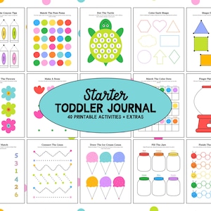 Puede incluir: Un colorido diario de actividades para niños pequeños con 40 actividades imprimibles. Las páginas incluyen la combinación de colores, formas y letras, además de ejercicios de dibujo y conteo. El diario presenta una variedad de tareas atractivas para el aprendizaje temprano.