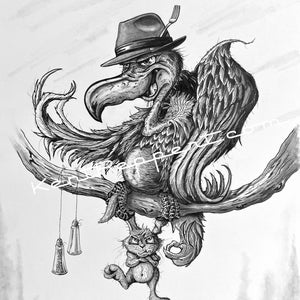 May include: A black and white illustration of a vulture wearing a fedora with a fork in it, perched on a tree branch. The vulture is holding a rabbit, with two hanging salt shakers. The artwork has a cartoonish style.