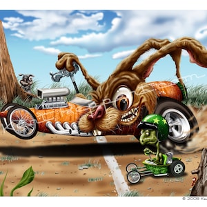 May include: A cartoon illustration of a drag race featuring a rabbit-themed hot rod and a turtle in a small green car. The rabbit's car is orange with a large engine, and the turtle wears a green helmet. The background includes a blue sky and a dirt track.