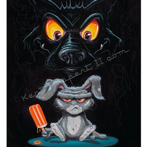 May include: A whimsical illustration features a large, menacing black wolf above a grumpy gray bunny holding an orange popsicle. The bunny sits on a blue circle, with the text "Kent Reppert II.com" and "©2023 Kent Reppert II" visible.