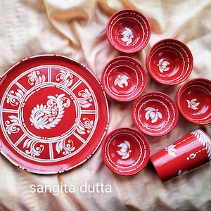 Handpainted Bengali Thali Set: Aiburobhat, Mukhevat - Set of 8