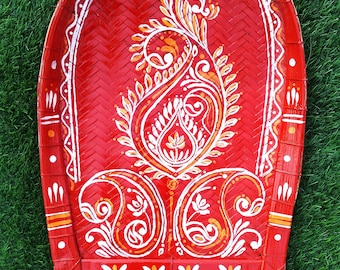 Kulo de boda bengalí pintado a mano: arte mural de bambú, diseño multicolor rojo, tamaño grande