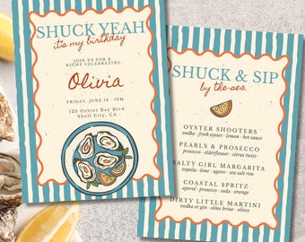 Oyster Birthday Invitation, Shuck Yeah Party Template, Seafood Coastal Cocktail Menu, Editable Canva Download