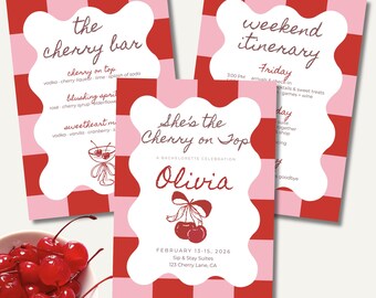 She's the Cherry on Top Bachelorette Bundle, Cherry Theme Invite, Bar Menu, & Weekend Itinerary