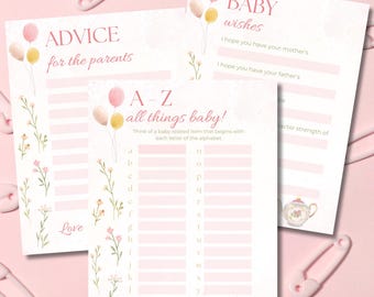 Tea Party Baby Shower Games Bundle, Advice for Parents, Baby Wishes, & A-Z Game, Editable Canva Template