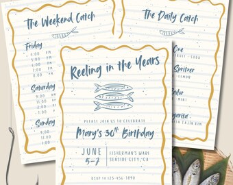 Reeling in the Years Birthday Bundle, Fishing Theme Invite, Itinerary, and Cocktail Menu, Editable Template